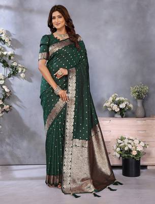 Green faux banarasi silk blend jacquard weving trendy partywear saree 1