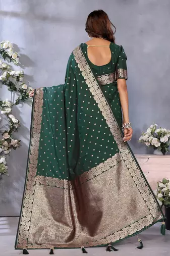 Green faux banarasi silk blend jacquard weving trendy partywear saree