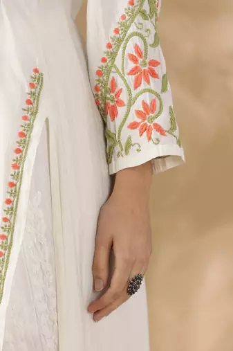 Chickenkari embroidered thread work chanderi cotton straight kurta