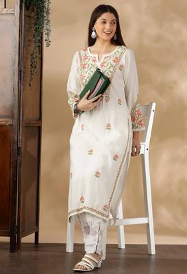 Chikankari embroidered thread work chanderi cotton straight kurta 5