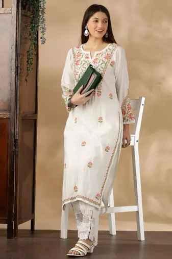 Chickenkari embroidered thread work chanderi cotton straight kurta