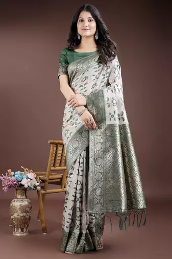 Green color linen cotton wevon jacquard designer beautiful festive saree