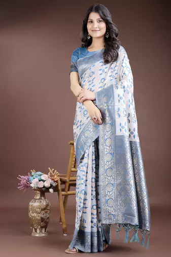 Sky blue color linen cotton wevon jacquard designer beautiful festive saree