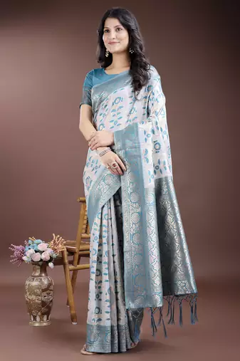 Sea green color linen cotton wevon jacquard designer beautiful festive saree