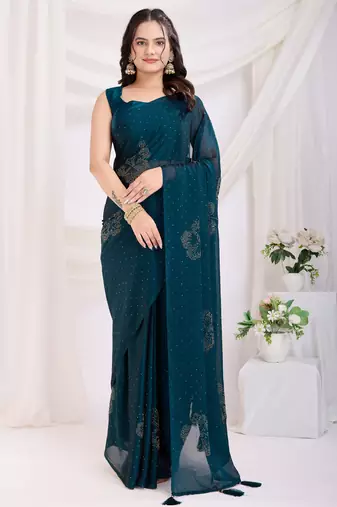 Teal blue swarovski work ready to wear saree