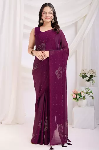 Purple color rangoli silk fabric ready to wear saree with swarovski work