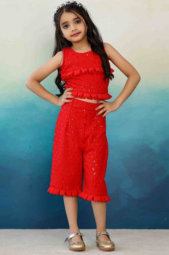 Red Rayon Chikankari Top & Pants Set with Georgette Frill 
