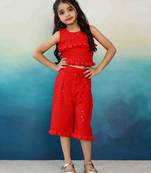Red Rayon Chikankari Top & Pants Set with Georgette Frill 