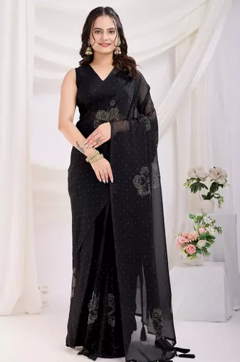 Black color rangoli silk fabric ready to wear saree with swarovski work