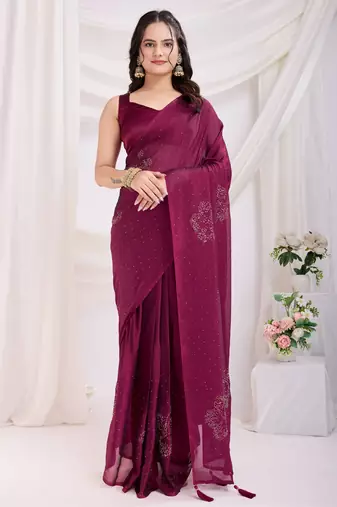 Maroon color rangoli silk fabric ready to wear saree with swarovski work