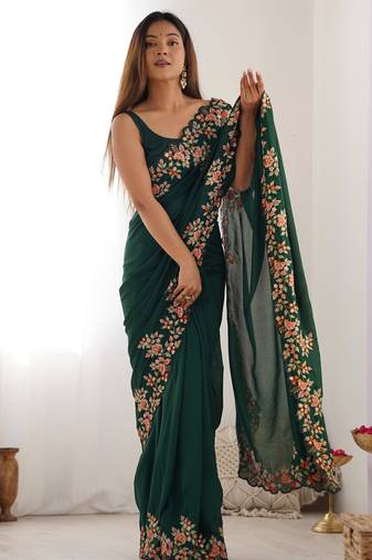 Green vichitra silk blend embroidered saree