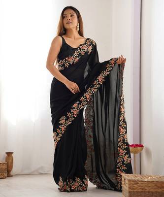 Black vichitra silk blend embrodery work ethnic saree 1