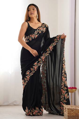 Black color vichitra silk fabric designer embrodery work ethnic saree
