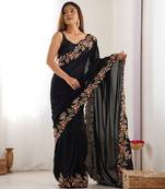 Black color vichitra silk fabric embrodery work ethnic saree