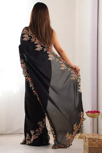 Black vichitra silk blend embrodery work ethnic saree