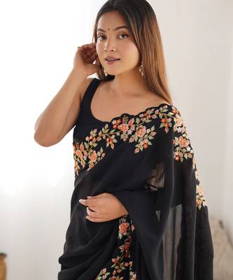 Black vichitra silk blend embrodery work ethnic saree 4