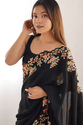 Black vichitra silk blend embrodery work ethnic saree