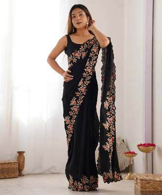Black vichitra silk blend embrodery work ethnic saree 5