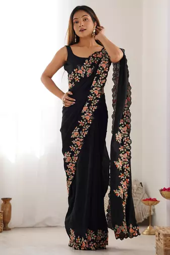 Black vichitra silk blend embrodery work ethnic saree
