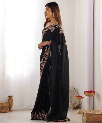 Black vichitra silk blend embrodery work ethnic saree 6
