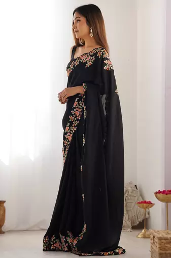 Black vichitra silk blend embrodery work ethnic saree