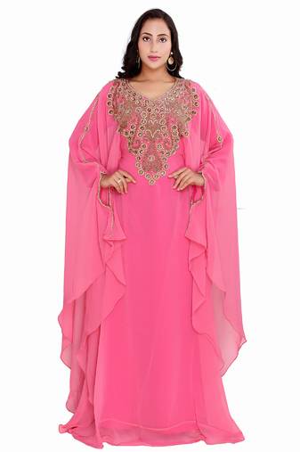 Designer Pink Stitched Kaftan Dress with Flowing Layers & Intricate Handwork Neck Embellishment Dress