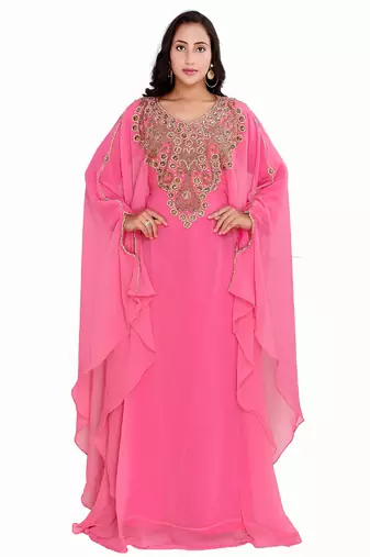 Designer Pink Stitched Kaftan Dress with Flowing Layers & Intricate Handwork Neck Embellishment Dress