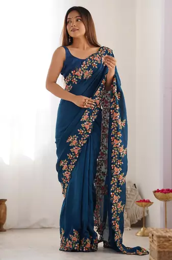 Teal blue color vichitra silk fabric designer embrodery work ethnic saree
