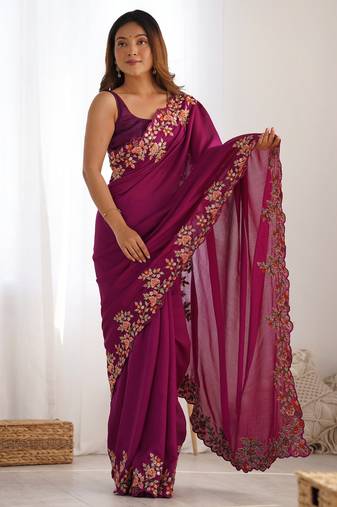 Wine color vichitra silk fabric designer embrodery work ethnic saree