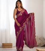 Wine color vichitra silk fabric designer embrodery work ethnic saree