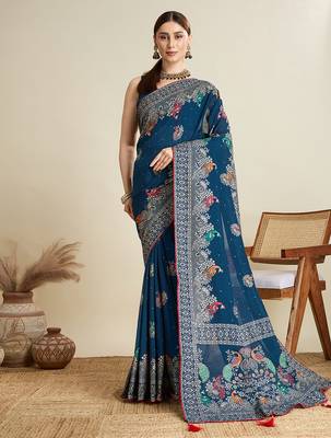Blue table printed with foil cotton blended saree 1