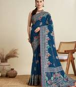 Blue color beautiful table printed with foil cotton blended saree