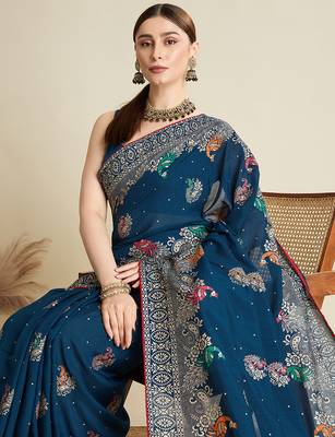 Blue table printed with foil cotton blended saree 3