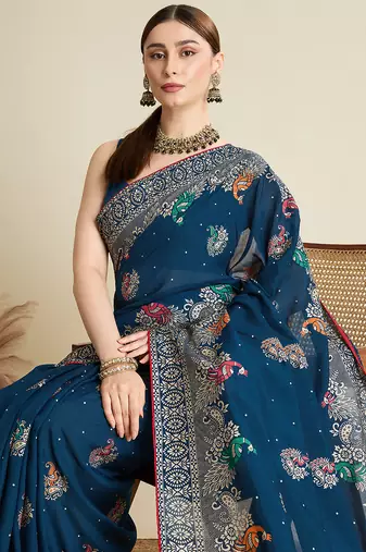 Blue table printed with foil cotton blended saree
