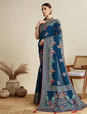 Blue table printed with foil cotton blended saree 4