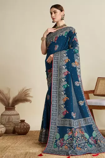 Blue table printed with foil cotton blended saree