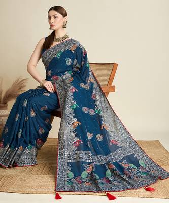 Blue table printed with foil cotton blended saree 5