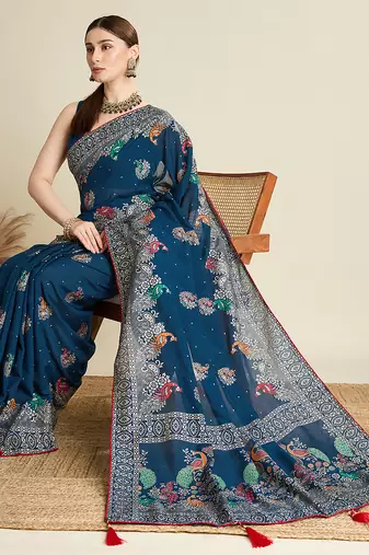 Blue table printed with foil cotton blended saree