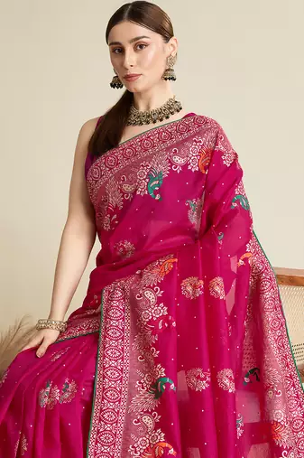 Pink table printed with foil cotton blended saree