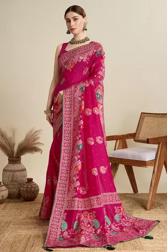 Pink table printed with foil cotton blended saree