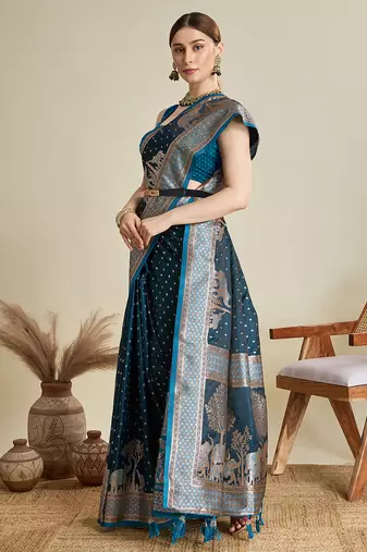 Teal blue satin silk blend woven saree