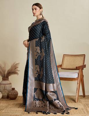 Blue satin silk blend woven partywear saree 4