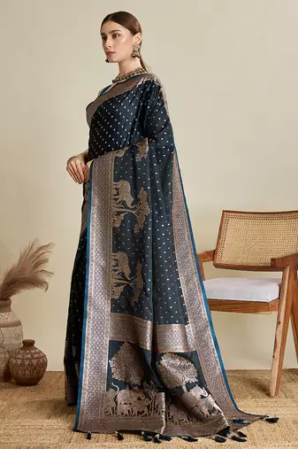 Blue satin silk blend woven partywear saree