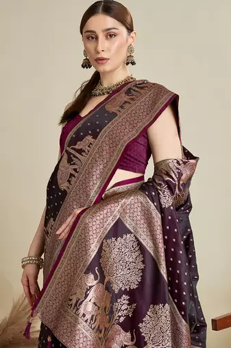 Wine satin silk blend woven partywear saree