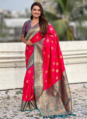 Red silk blend meenakari Woven saree 1