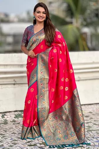 Red silk blend meenakari Woven saree