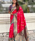 Red silk blend meenakari Woven saree