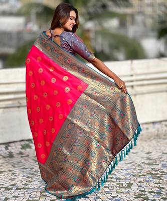 Red silk blend meenakari Woven saree 2