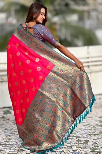 Red silk blend meenakari Woven saree