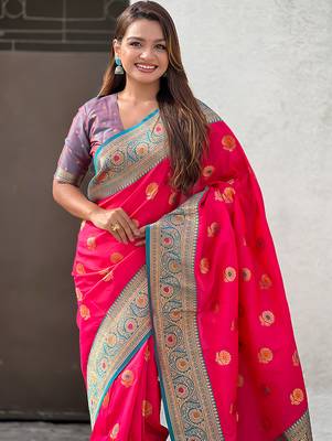 Red silk blend meenakari Woven saree 3
